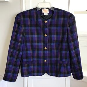 PENDLETON Wool Blazer Plaid Purple & Blue Gold Buttons Women’s Plus Size 14